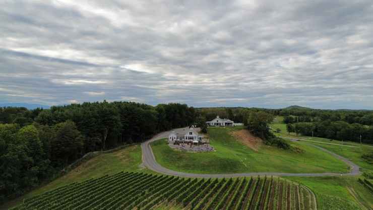 Aerial view of Milea Estate Vineyard showcasing the 17-acre estate vineyard in the Hudson Valley